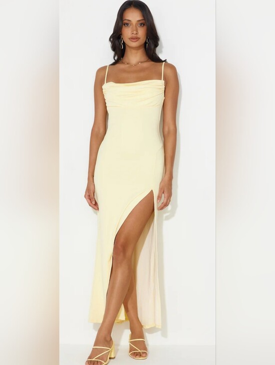 Hello Molly Dresses & Skirts - Hello Molly Butter Yellow Cowl Neck Maxi Dress Open Back Side Slit Formal Beachy